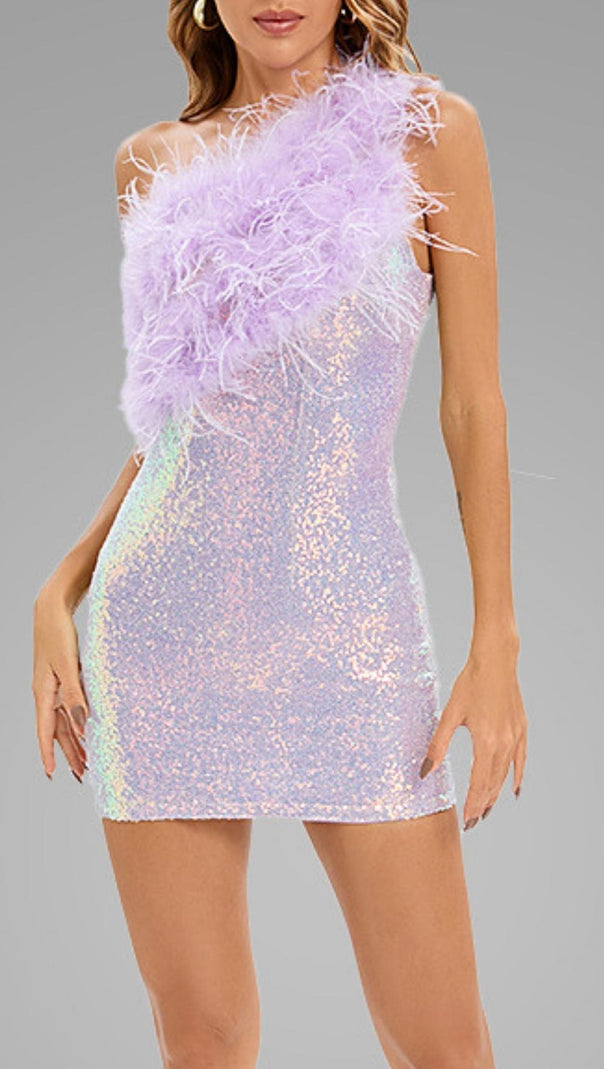 AIIZIE PURPLE ONE SHOULDER SEQUIN FEATHER MINI DRESS - product image