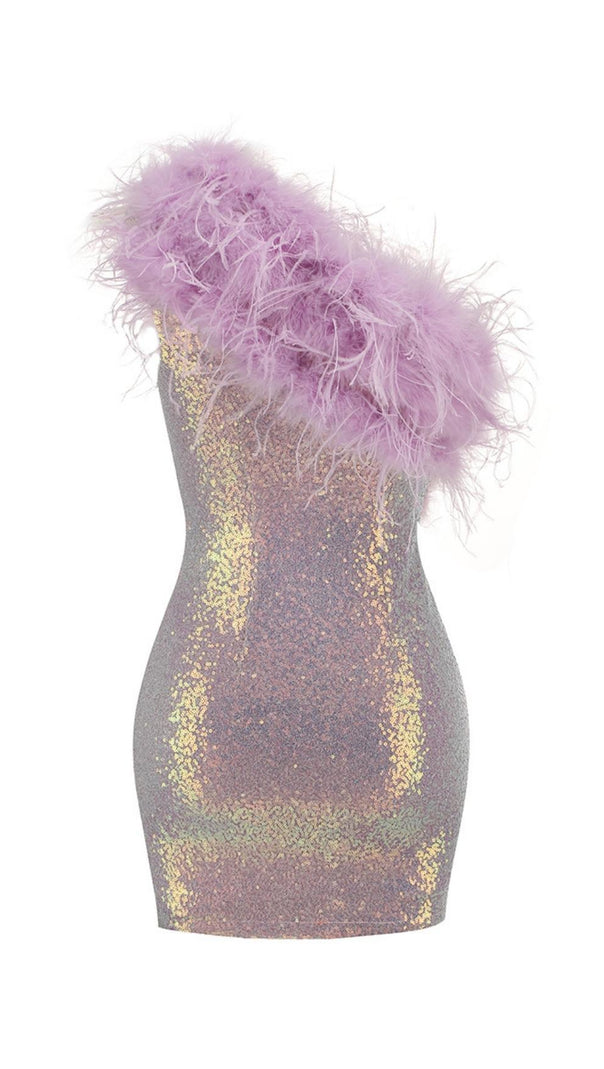 AIIZIE PURPLE ONE SHOULDER SEQUIN FEATHER MINI DRESS - product image