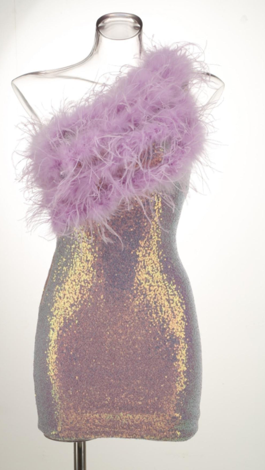 ABITO CORTO MONOSPALLA CON PIUME E PAILLETTES VIOLA