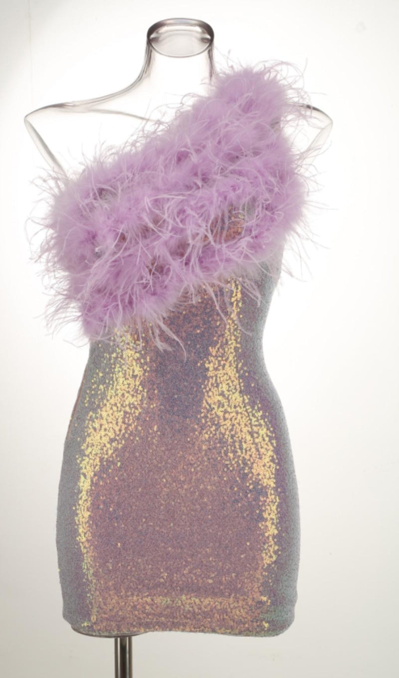 PURPLE ONE SHOULDER SEQUIN FEATHER MINI DRESS