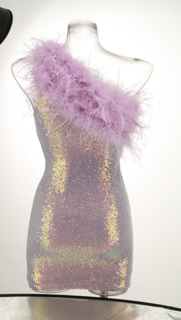 AIIZIE PURPLE ONE SHOULDER SEQUIN FEATHER MINI DRESS - product image