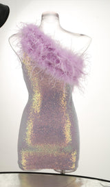 PURPLE ONE SHOULDER SEQUIN FEATHER MINI DRESS