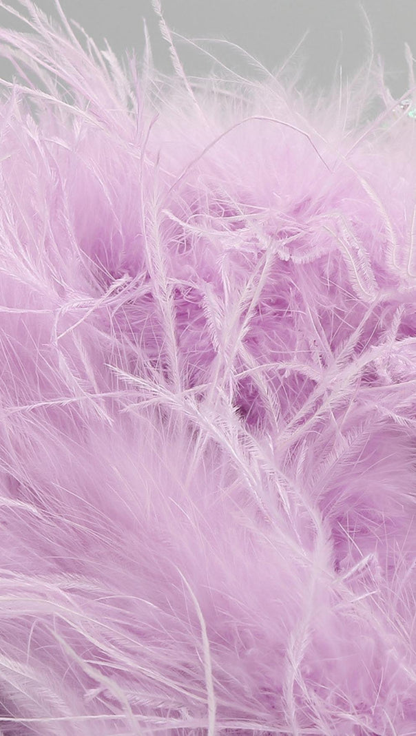 ABITO CORTO MONOSPALLA CON PIUME E PAILLETTES VIOLA