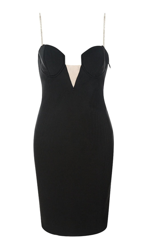 V NECK BANDAGE MINI DRESS IN BLACK