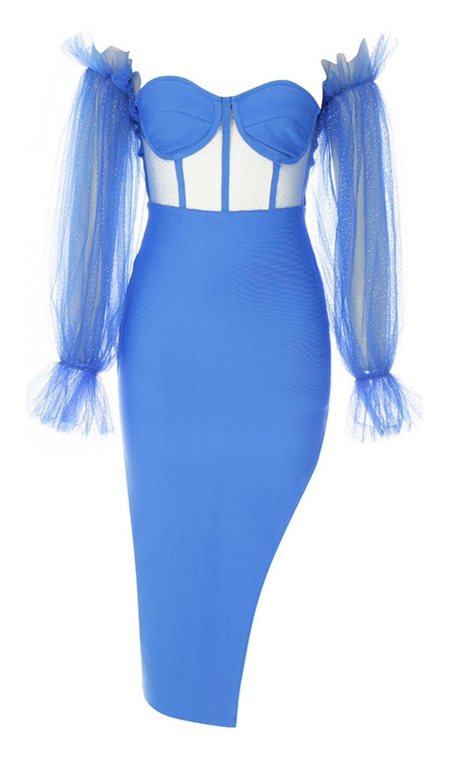 Figurbetontes Midikleid mit Puffärmeln in Blau