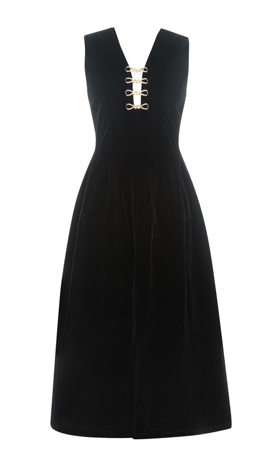 V NECK SLEEVELESS  MIDI DRESS IN BLACK