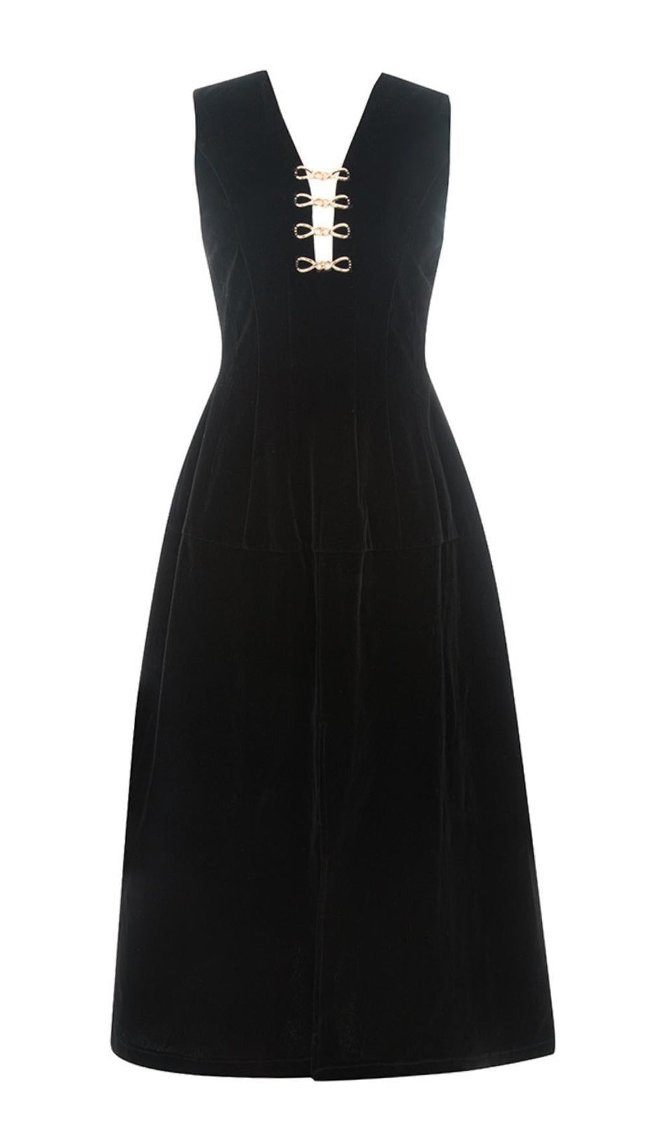 V NECK SLEEVELESS  MIDI DRESS IN BLACK