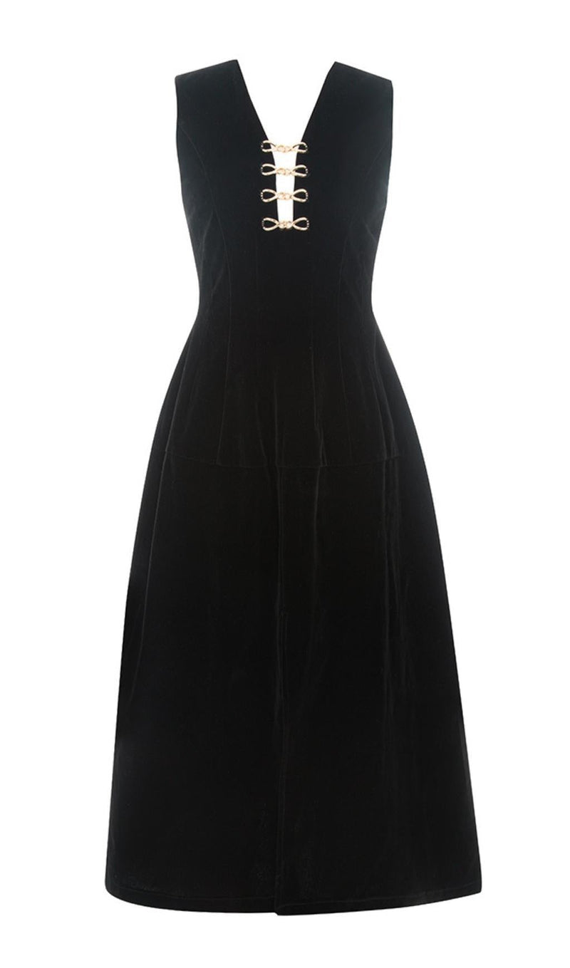 V NECK SLEEVELESS  MIDI DRESS IN BLACK