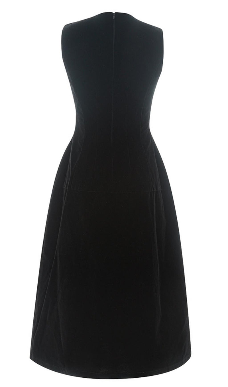 V NECK SLEEVELESS  MIDI DRESS IN BLACK