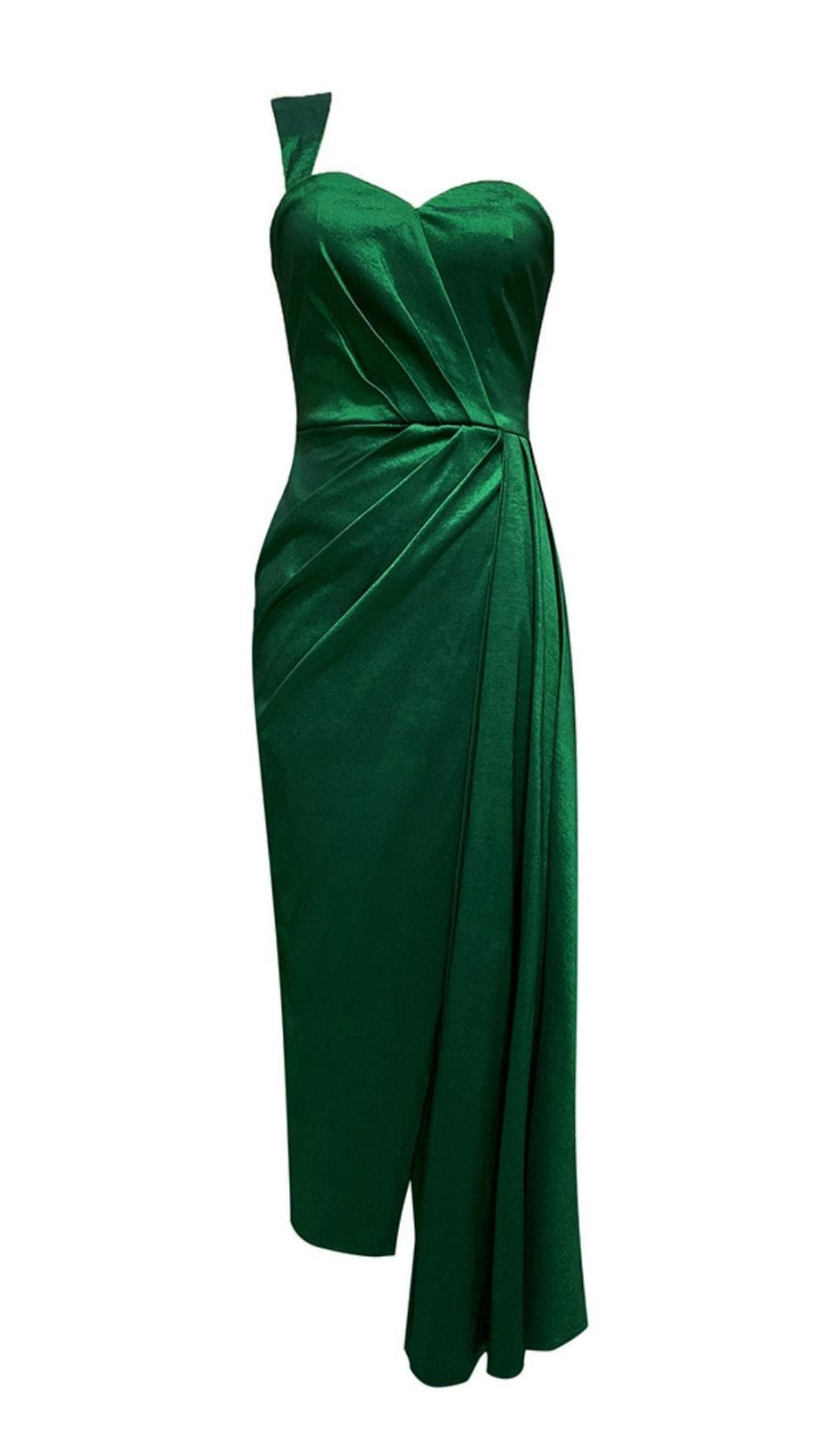 ONE SHOULDER RUCHED MIDI DRESS IN GREEN