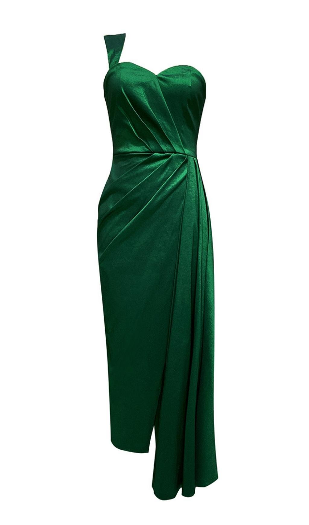 MIDIKLEID MIT ONE-SHOULDER-RÜSCHEN IN GRÜN