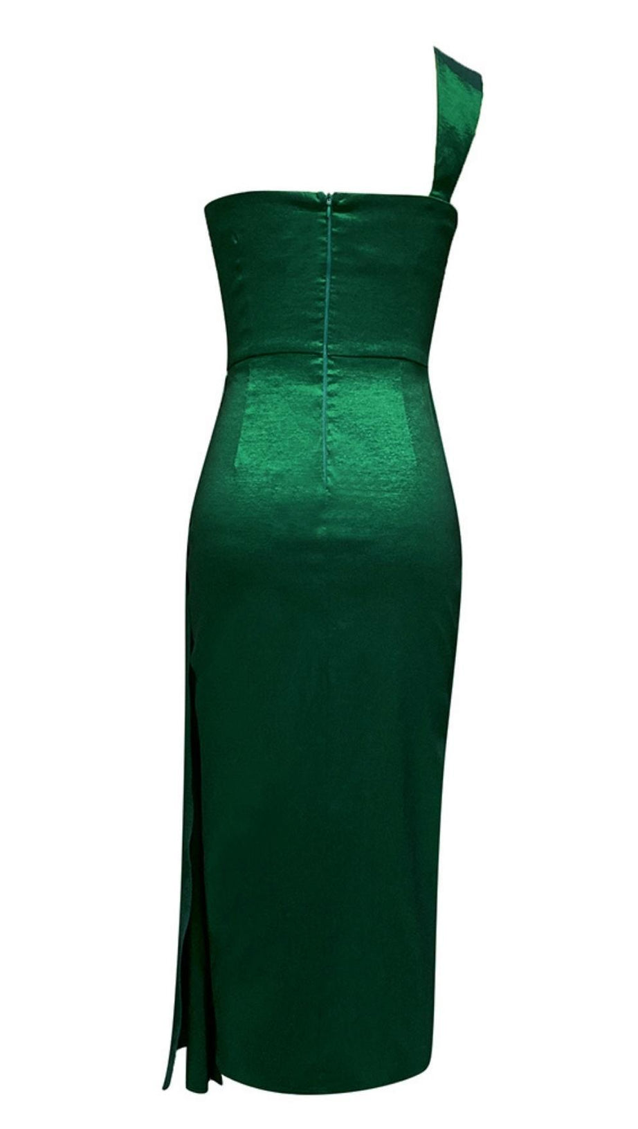 ONE SHOULDER RUCHED MIDI DRESS IN GREEN