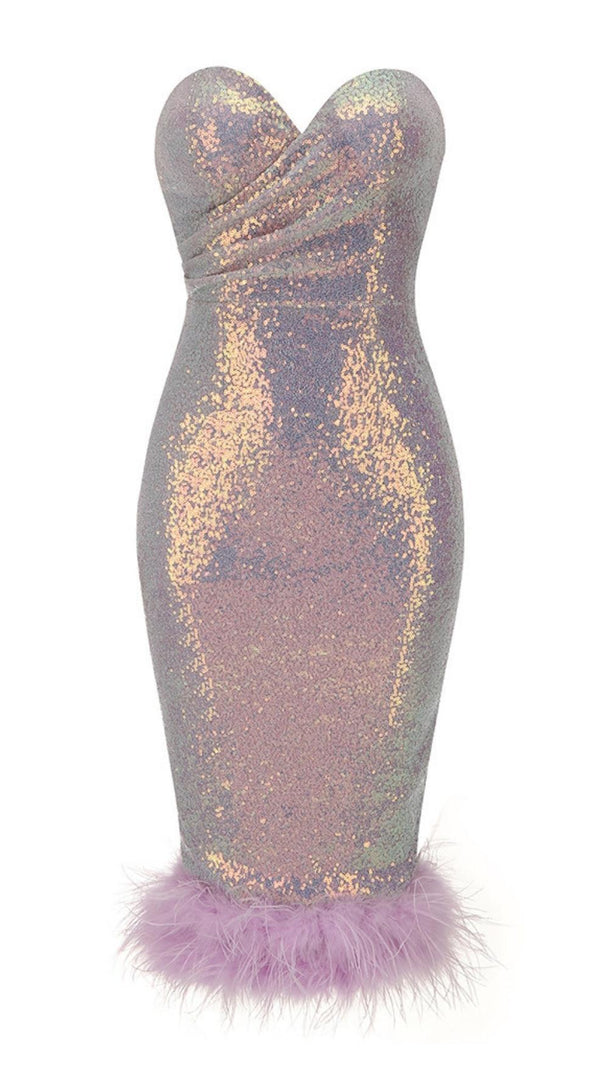 MIDIKLEID MIT FEDERN UND PAILLETTEN IN LILA