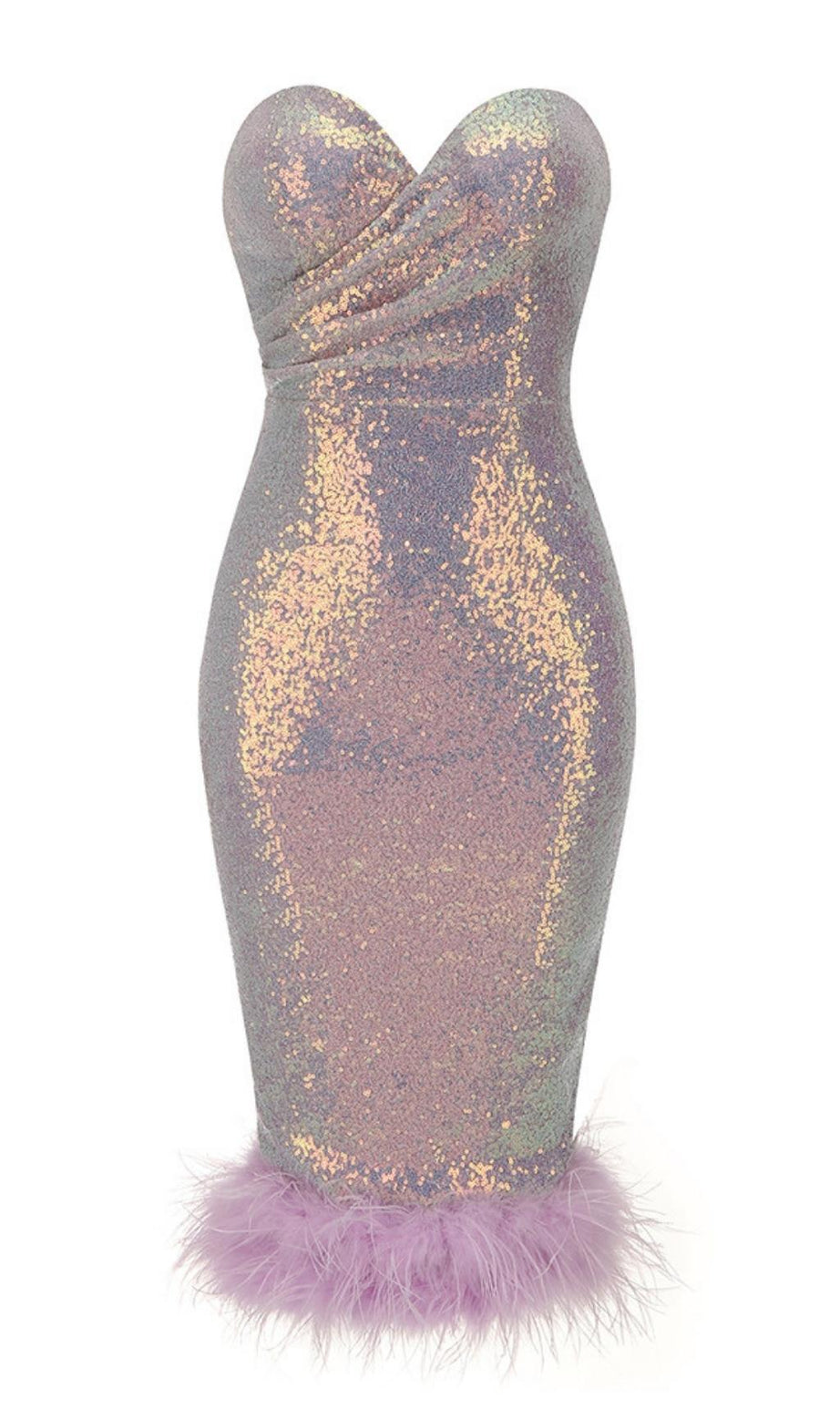 ABITO MIDI CON PIUME E PAILLETTES VIOLA