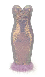 FEATHER SEQUIN MIDI DRESS IN PURPLE