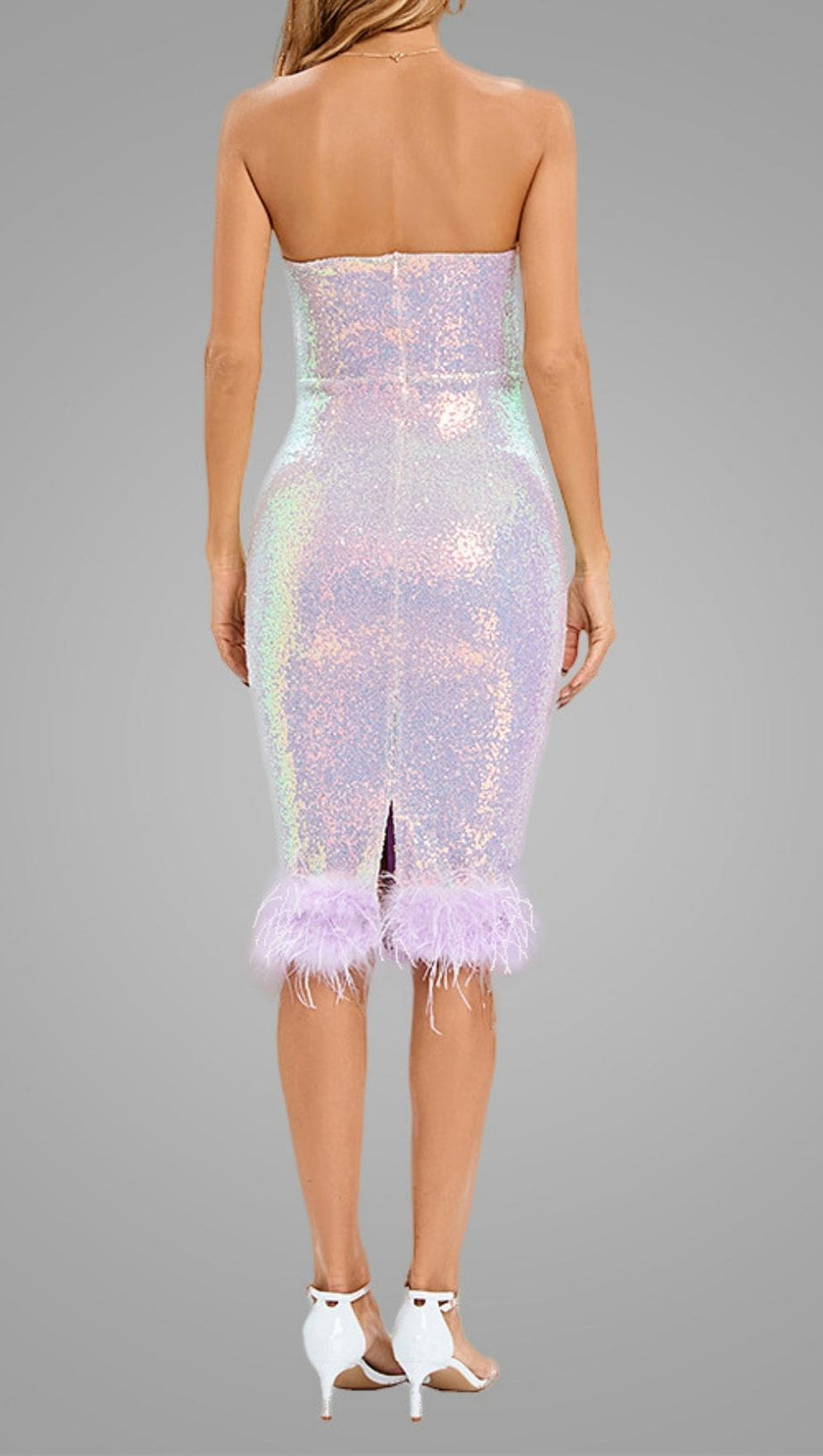 FEATHER SEQUIN MIDI DRESS IN PURPLE