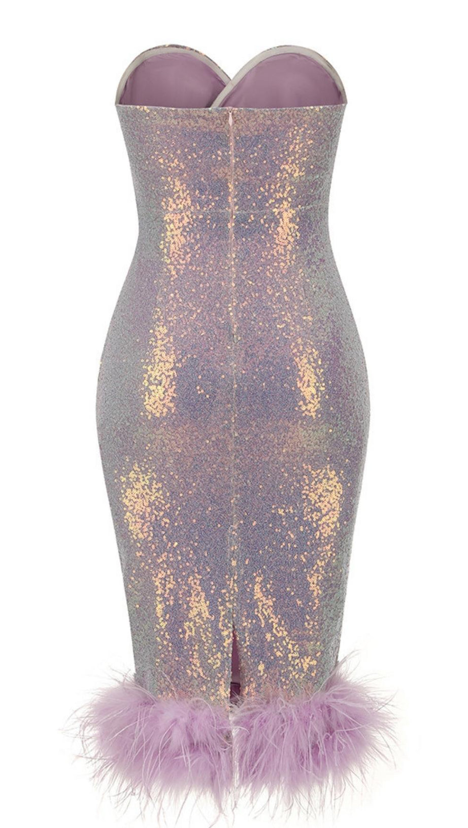FEATHER SEQUIN MIDI DRESS IN PURPLE