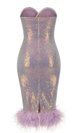 FEATHER SEQUIN MIDI DRESS IN PURPLE