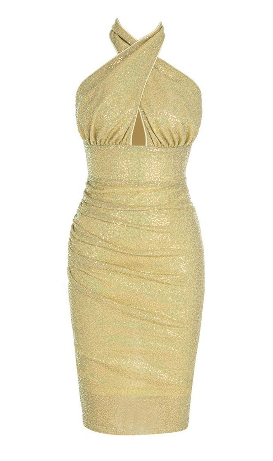 ABITO MIDI CON SCOLLO A V E PAILLETTES IN ORO