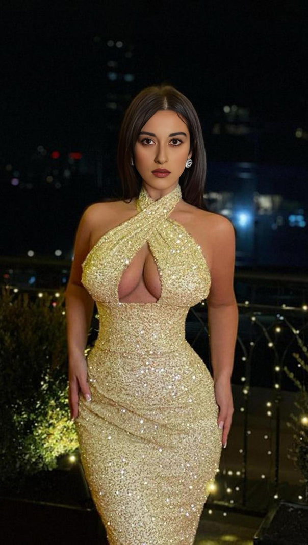 AIIZIE HALTER SEQUIN MIDI DRESS IN GOLD - product image