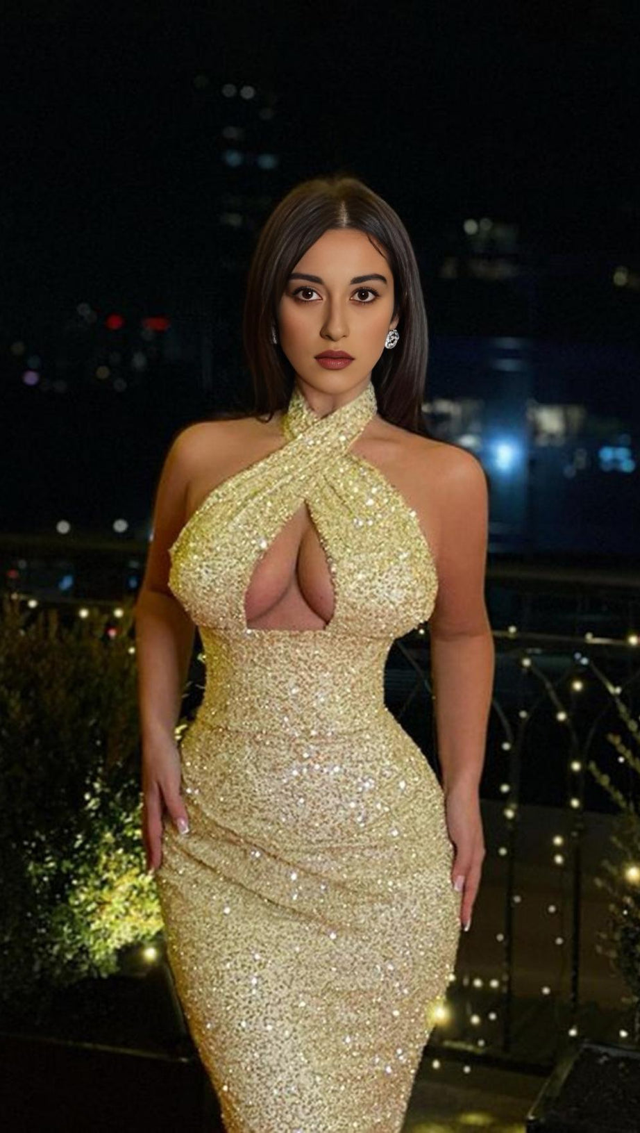 HALTER SEQUIN MIDI DRESS IN GOLD