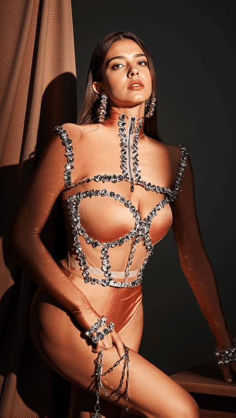 AMBRA RHINESTONE CORSET BODYSUIT SET IN NUDE