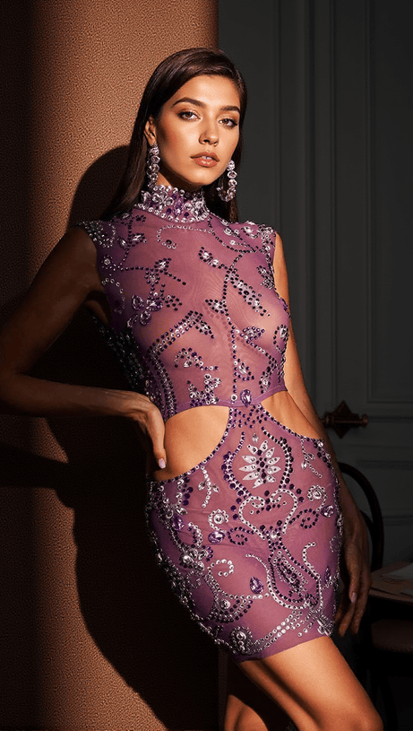 PHEBE SLEEVELESS RHINESTONE CUTOUT MINI DRESS
