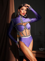 Ambra Rhinestone Corset Bodysuit Set In Purple