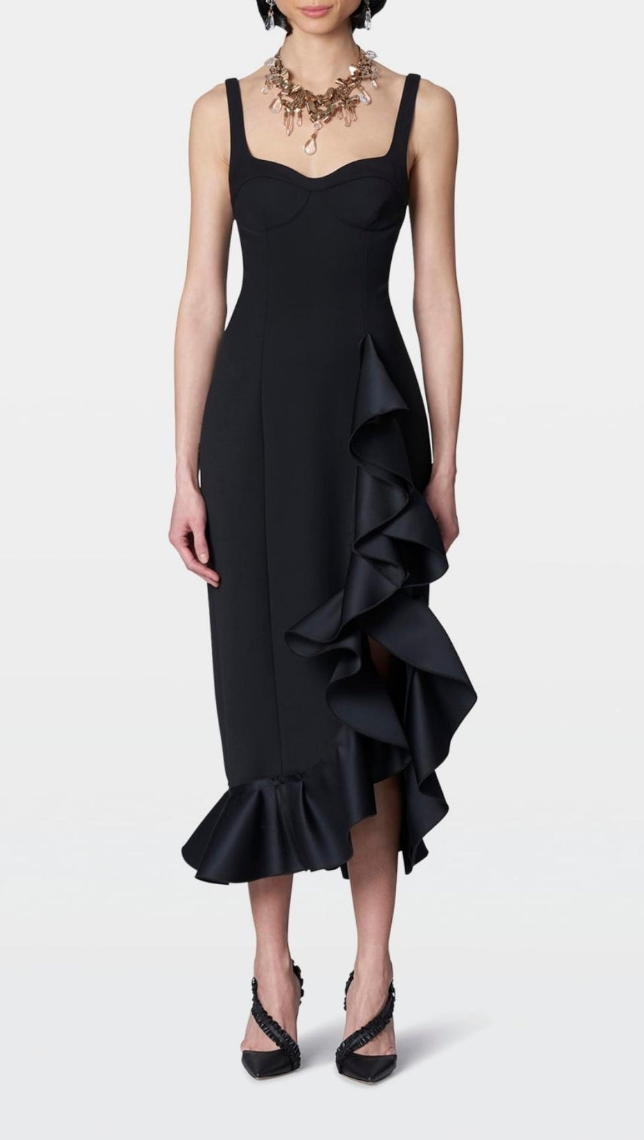 BANDAGE RUCHED MIDI DRESS IN BLACK