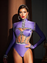 Ambra Rhinestone Corset Bodysuit Set In Purple