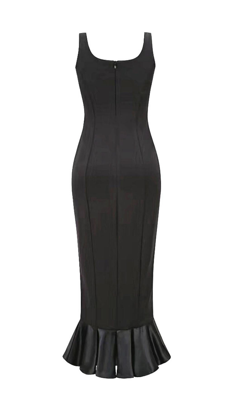 BANDAGE RUCHED MIDI DRESS IN BLACK