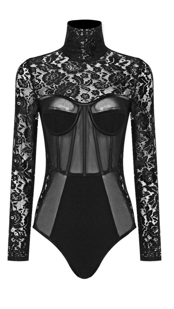 AIIZIE LACE LONG SLEEVE MINI DRESS IN BLACK - product image