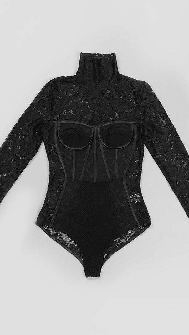 AIIZIE LACE LONG SLEEVE MINI DRESS IN BLACK - product image