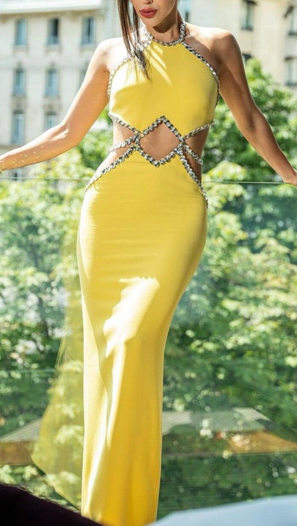 AIIZIE HALTER YELLOW CUTOUT SLEEVELESS CRYSTALS SATIN EVENING DRESS - product image