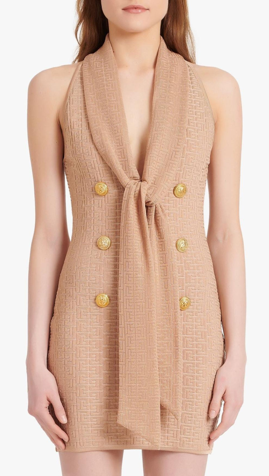 SLEEVELESS V NECK MINI DRESS IN APRICOT