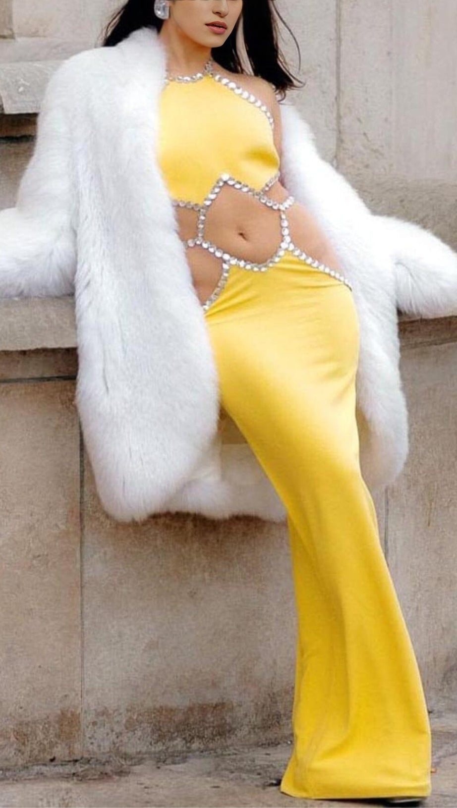 HALTER YELLOW CUTOUT SLEEVELESS CRYSTALS SATIN EVENING DRESS