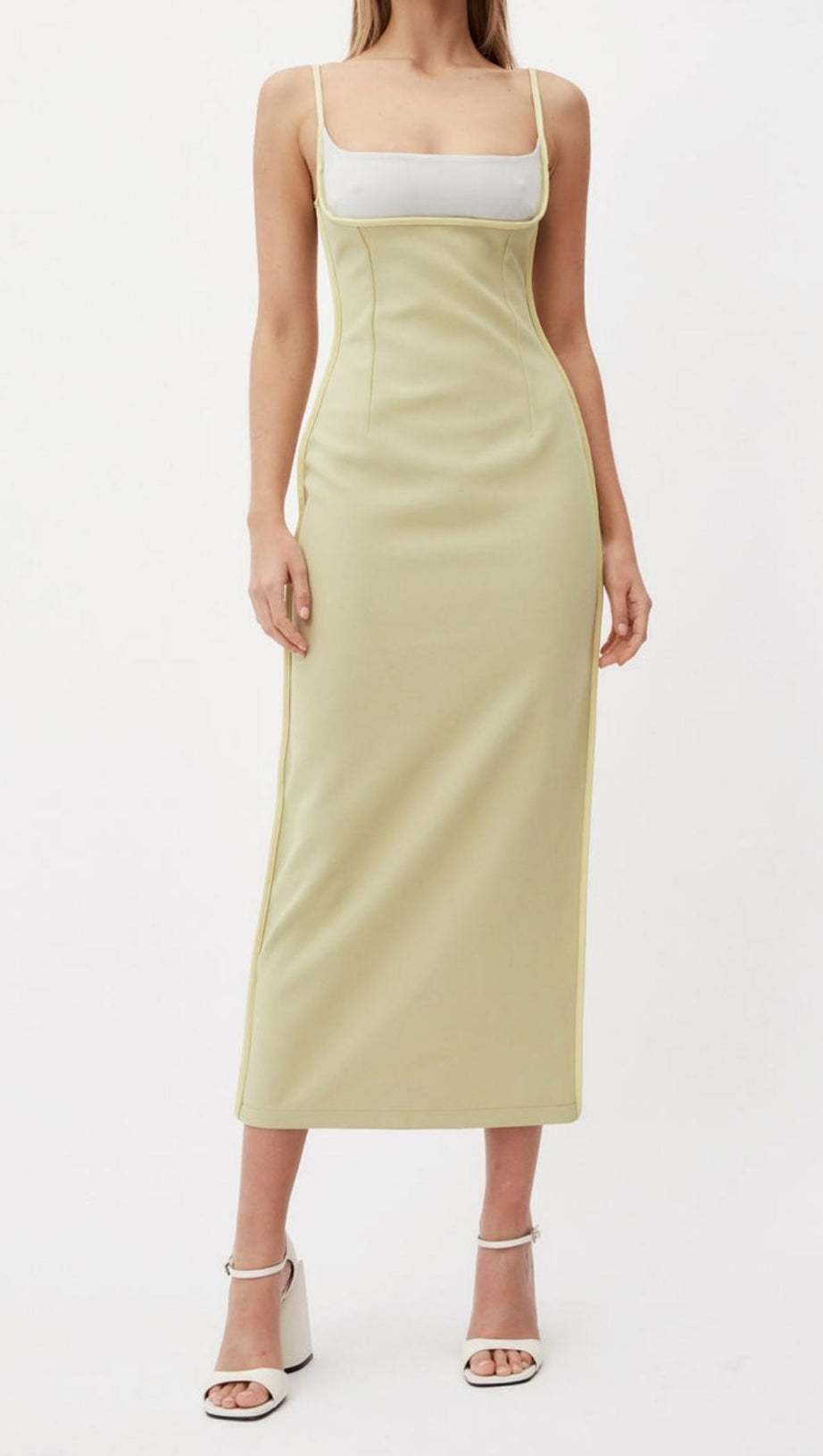 BANDAGE BACKLESS MIDI DRESS IN BUFF