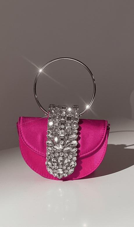 Dorothea Satin Crystal Clutch In Hot Pink