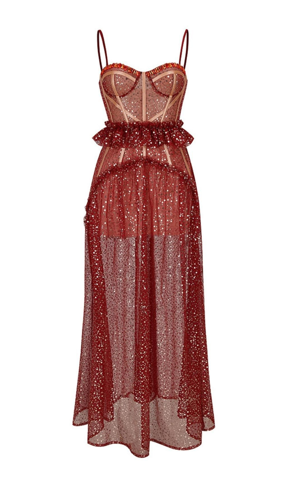 BANDAGE SEQUIN MAXI DRESS IN RED