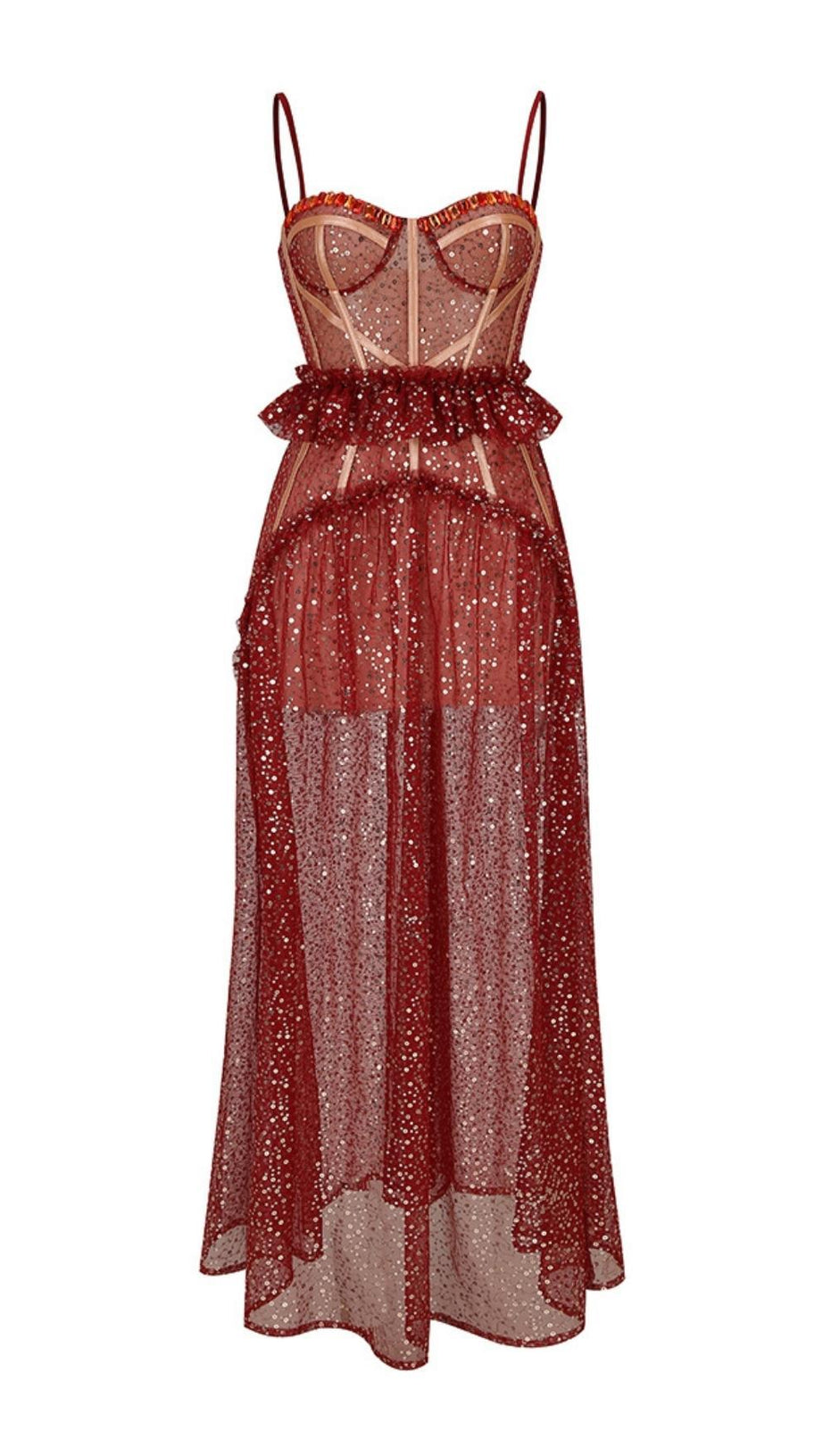 ABITO LUNGO CON BENDAGGI E PAILLETTES ROSSO