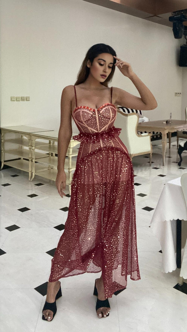 AIIZIE BANDAGE SEQUIN MAXI DRESS IN RED - product image