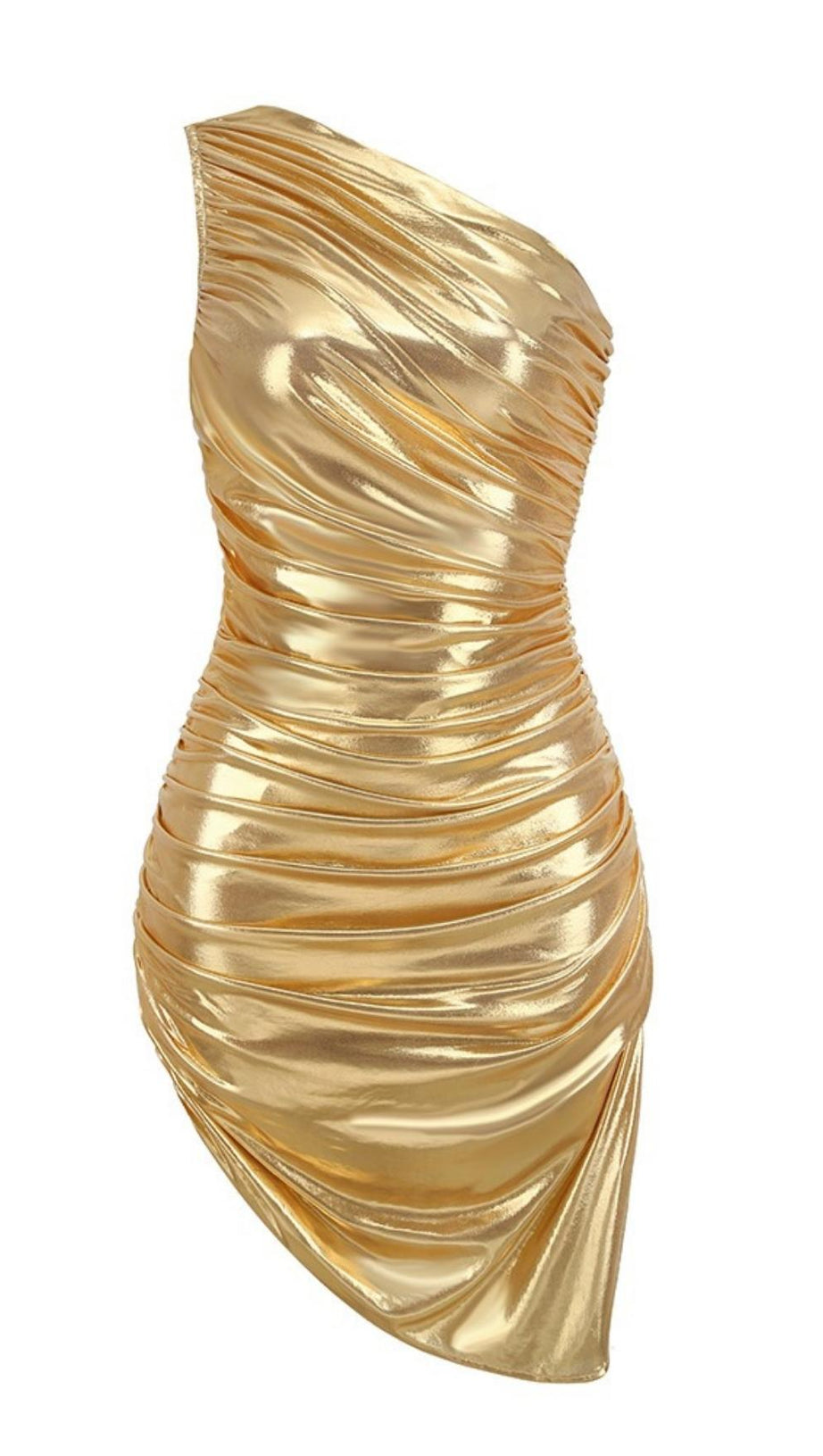 MINIKLEID MIT EINER SCHULTER UND RÜSCHEN IN GOLD