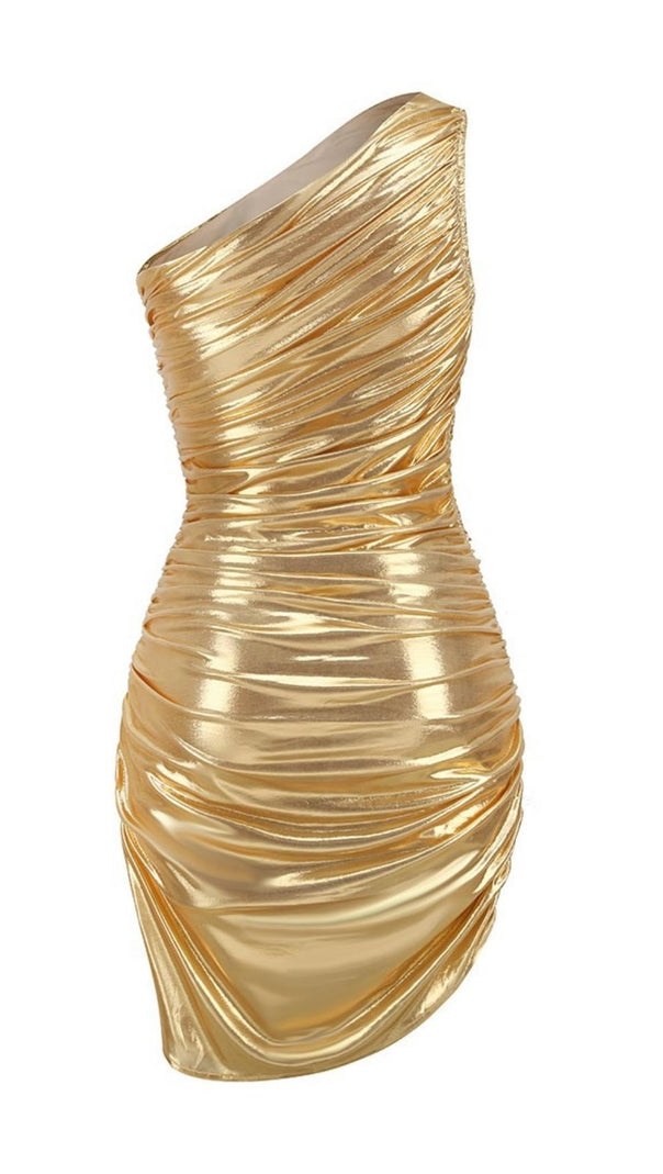 AIIZIE ONE SHOULDER RUCHED MINI DRESS IN GOLD - product image