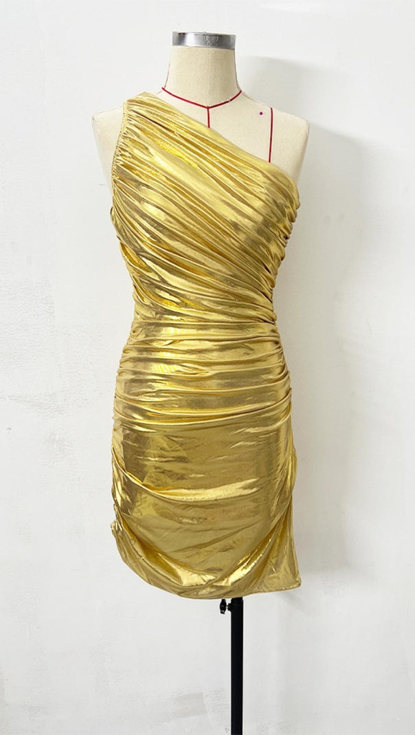 AIIZIE ONE SHOULDER RUCHED MINI DRESS IN GOLD - product image