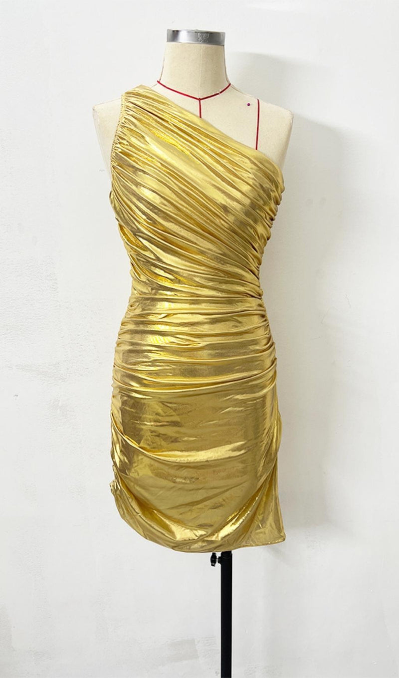 ONE SHOULDER RUCHED MINI DRESS IN GOLD