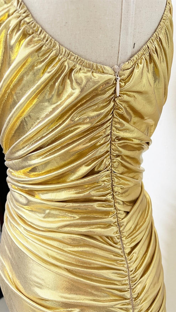 AIIZIE ONE SHOULDER RUCHED MINI DRESS IN GOLD - product image