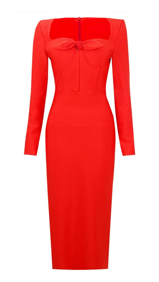 AIIZIE BANDAGE LONG SLEEVE MIDI DRESS IN RED - product image
