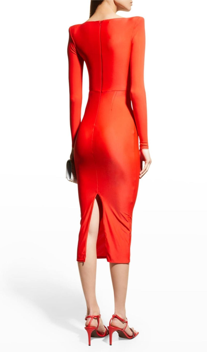 BANDAGE LONG SLEEVE MIDI DRESS IN RED