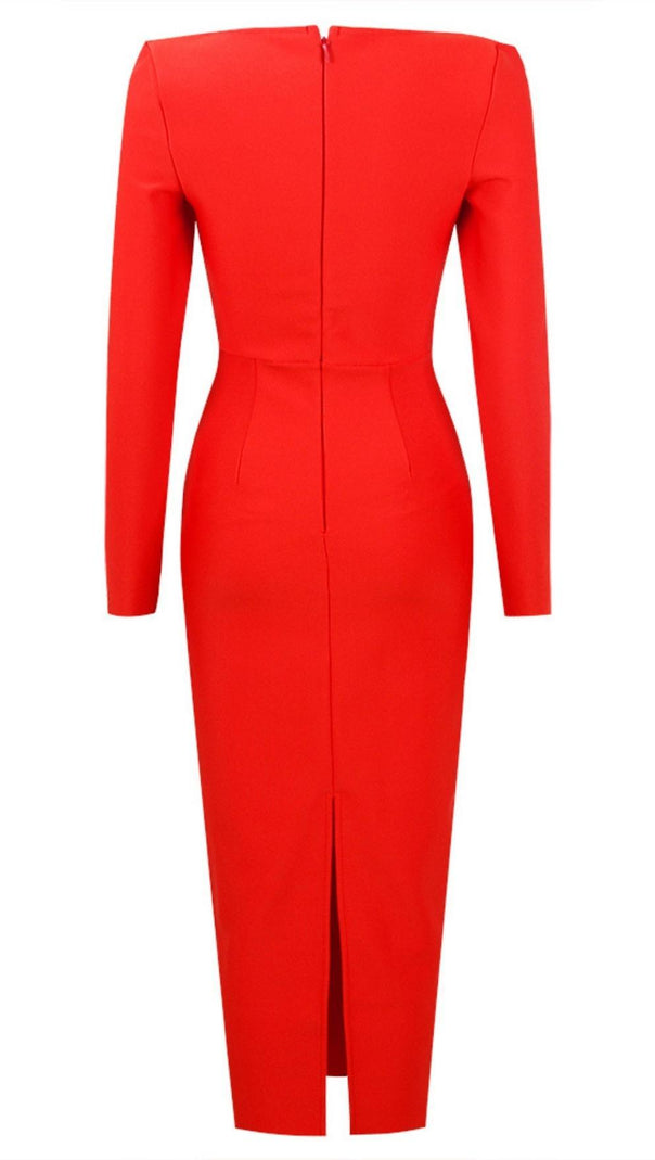 AIIZIE BANDAGE LONG SLEEVE MIDI DRESS IN RED - product image