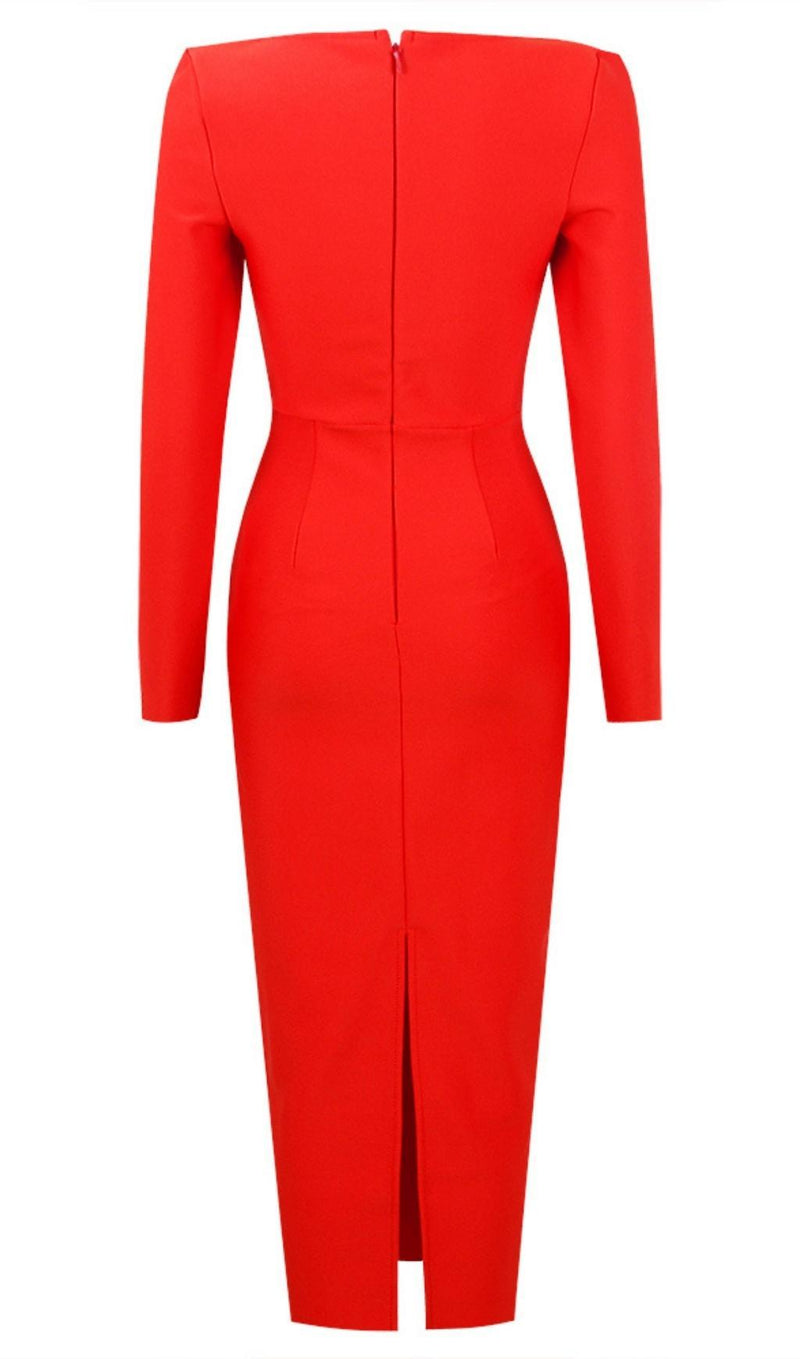 BANDAGE LONG SLEEVE MIDI DRESS IN RED